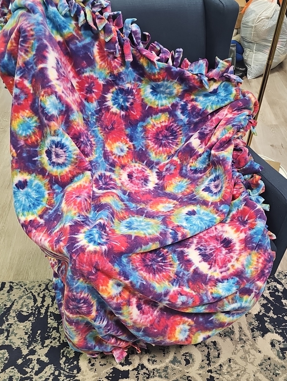 Colorful Tie-Dye Fleece Blanket with Knotted Fringe